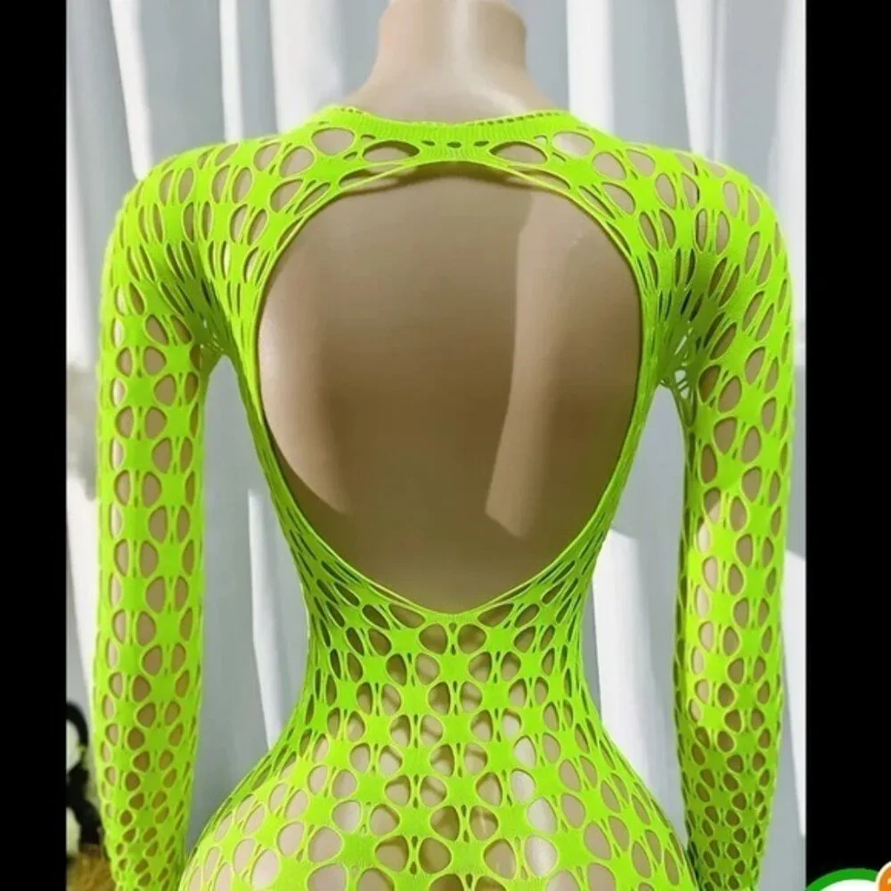 Neon Green Cut-Out Long-Sleeve Fishnet Dress Cover Up - Picture 2 of 5